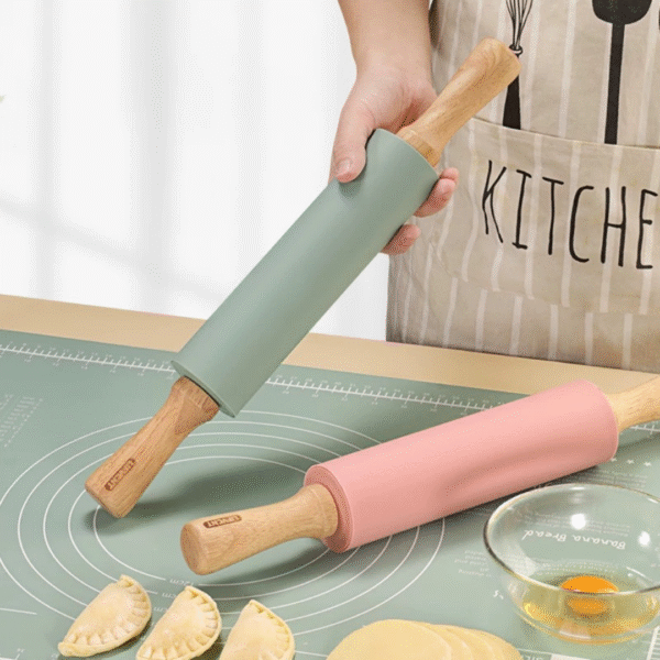 Non-Stick Silicone Rolling Pin with Wooden Handles
