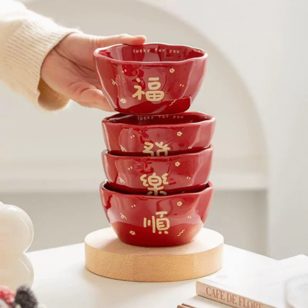 Chinese Good Fortune Red Ceramic Bowls (Set of 4)