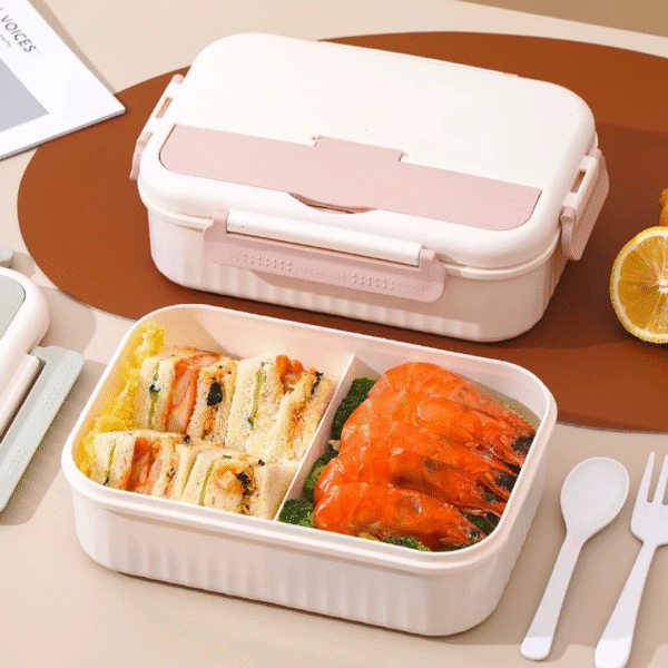 Two-Compartment Plastic Bento Lunch Box with Cutlery
