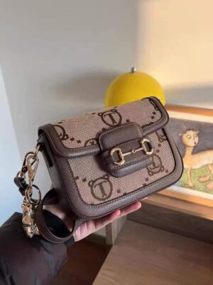 Brown Monogram Crossbody Bag with Horsebit Clasp